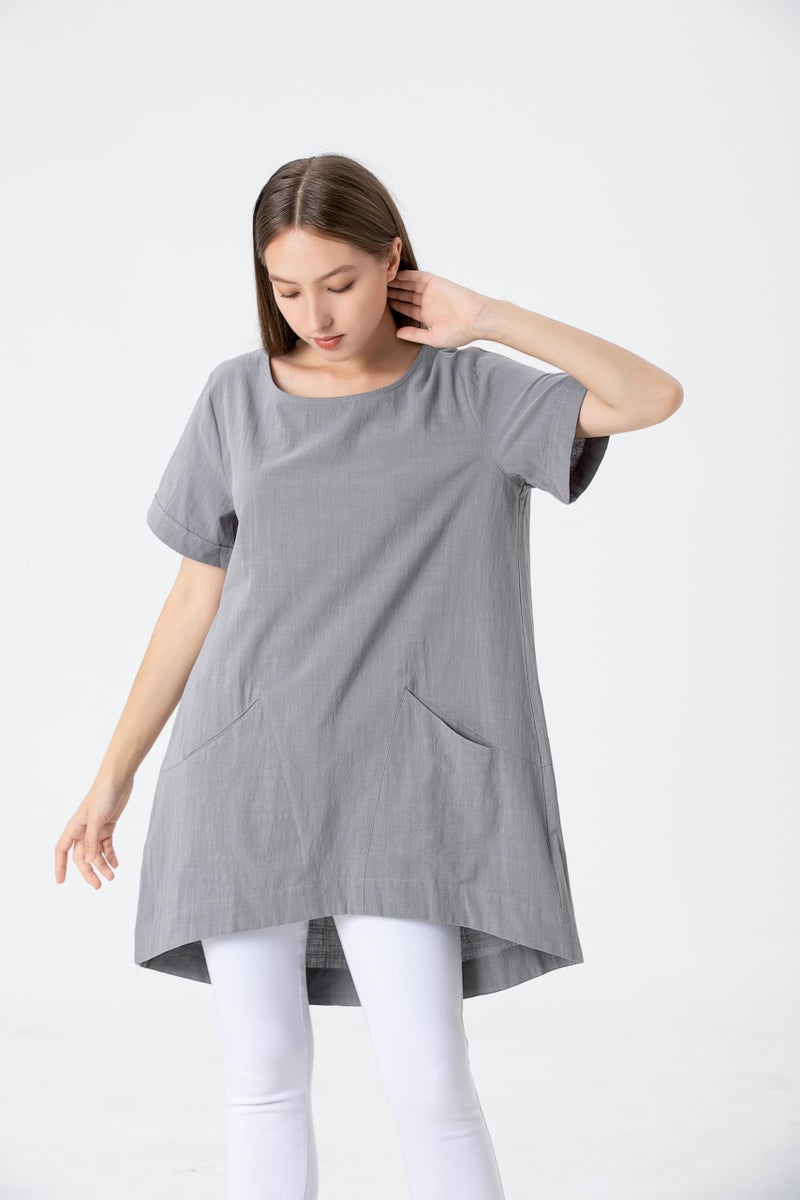 Minibee Women's Cotton Linen Short Sleeve Tunic/Top Tees (L, Gray) - Image 2